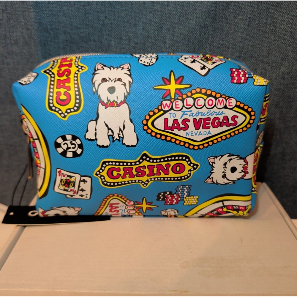 NWT Marc Tetro Las Vegas Westie Travel Bag Blue Saffiano Cosmetic Pouch New - Picture 10 of 16
